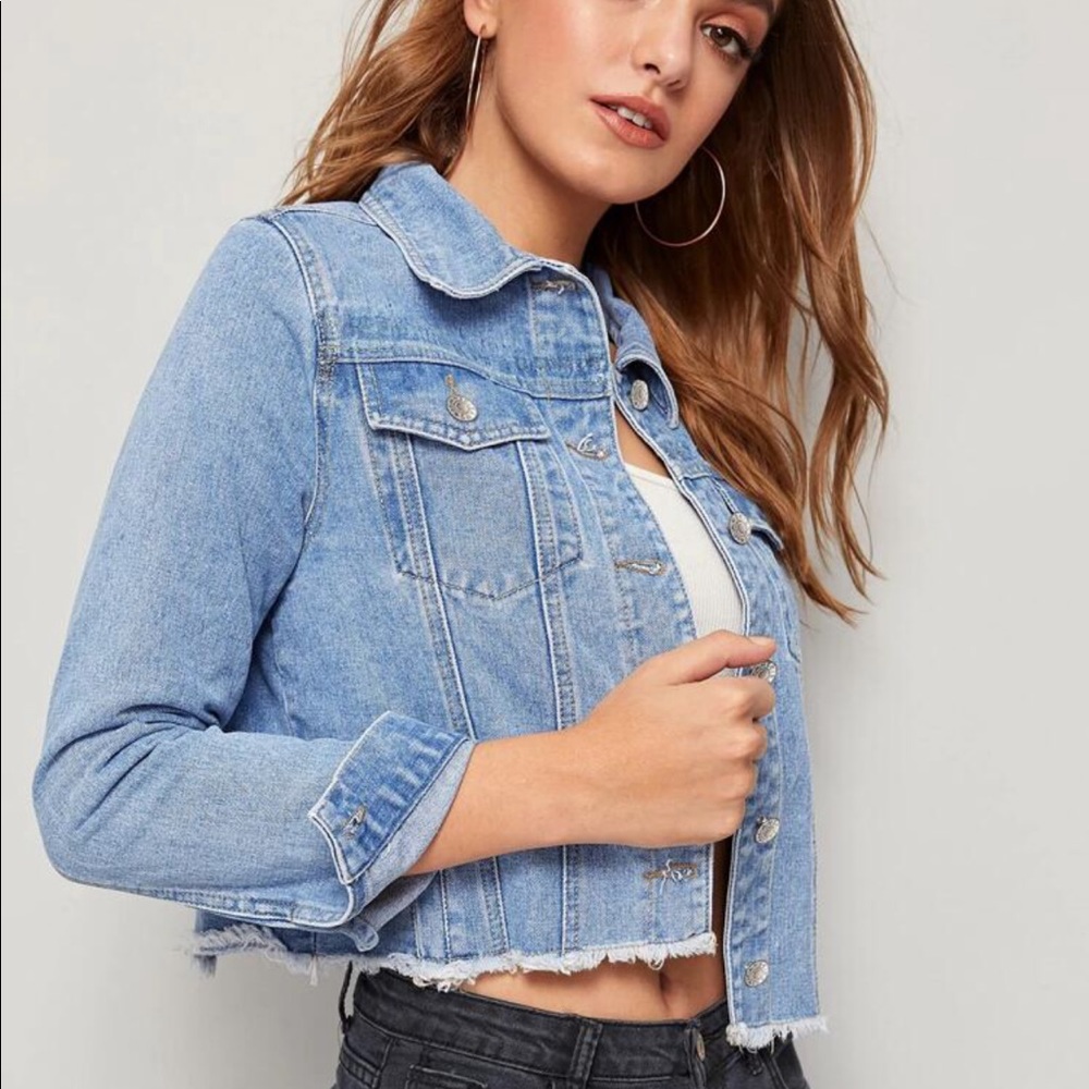 SHEIN Raw Hem Flap Pocket Denim Jacket